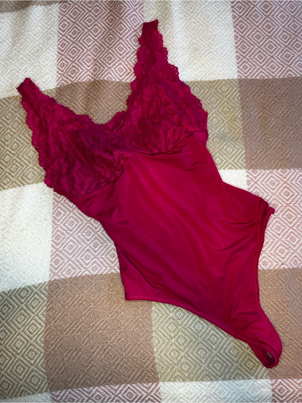 Lace Trim Bodysuit in hot pink
